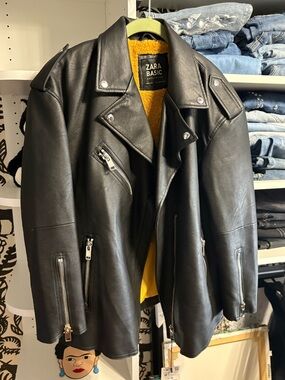 NWT Zara Black Faux Leather Biker Jacket with Yellow Lining